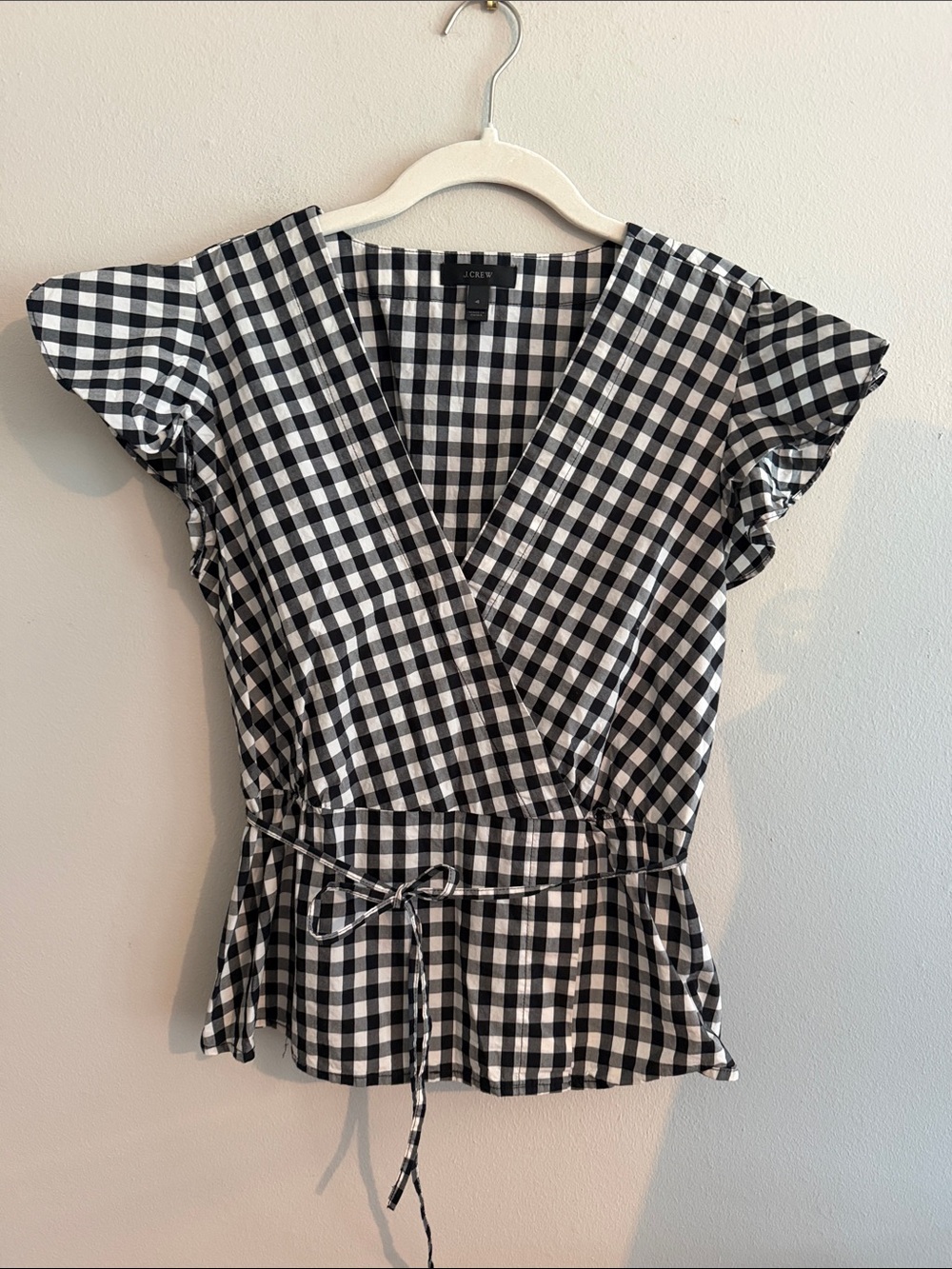 J. Crew Black & White Gingham Wrap Blouse size 4 with side zipper